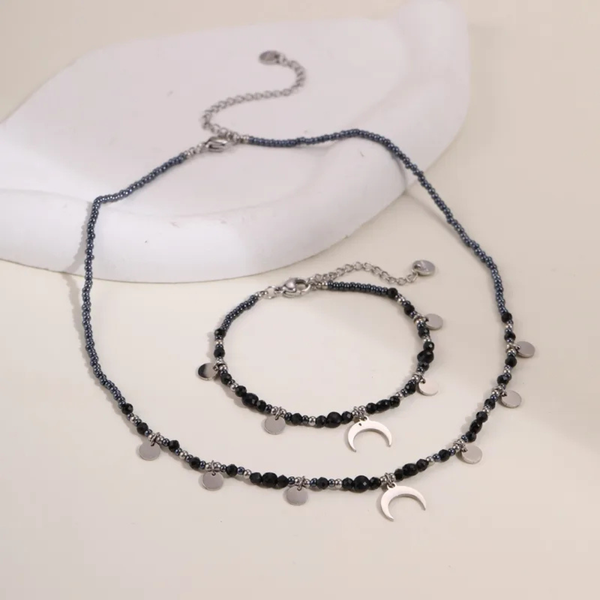 Edelstahlhalskette und -Armband Set mit Achatsteinen